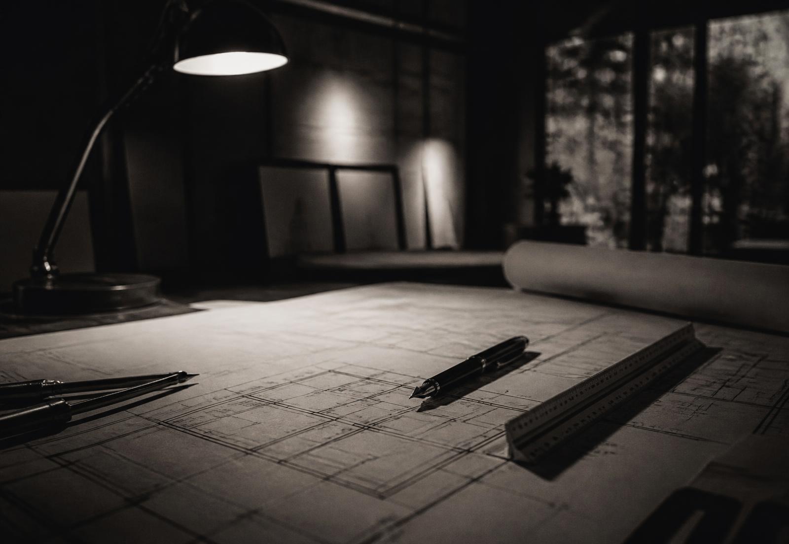 Medical centre blueprints on an architect's desk